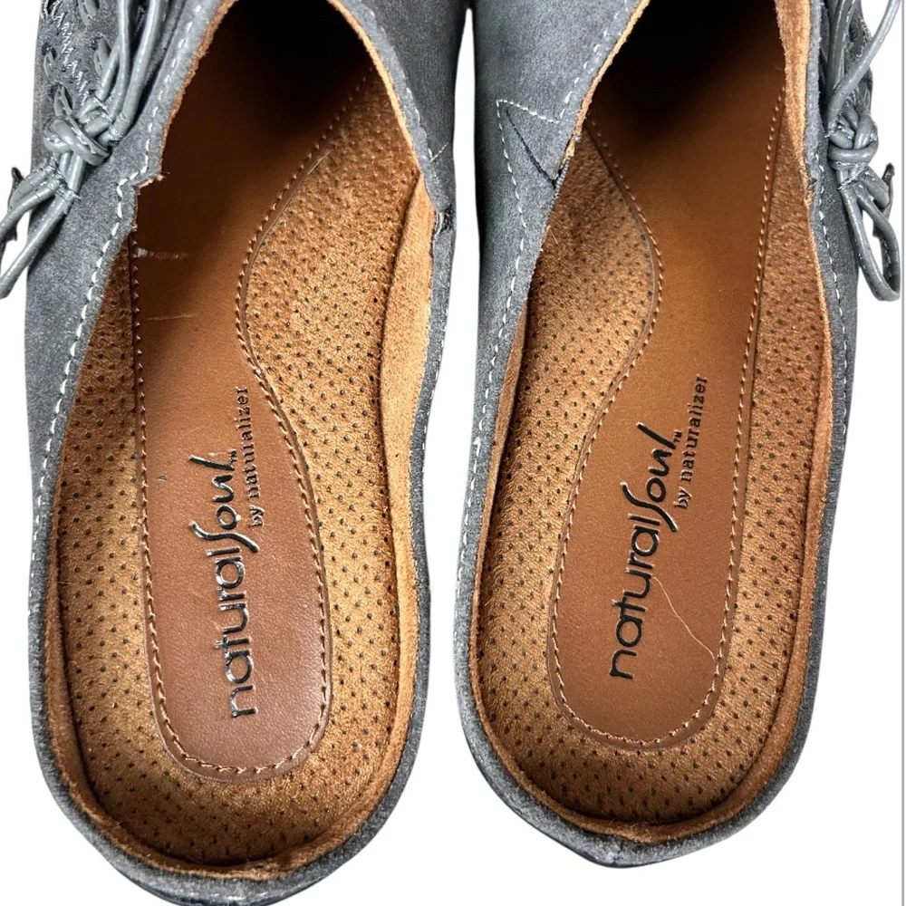 NATURAL SOUL by NATURALIZER Grey Suede Leather Mules Flats Slides Bow Accent 6.5 - Picture 9 of 14